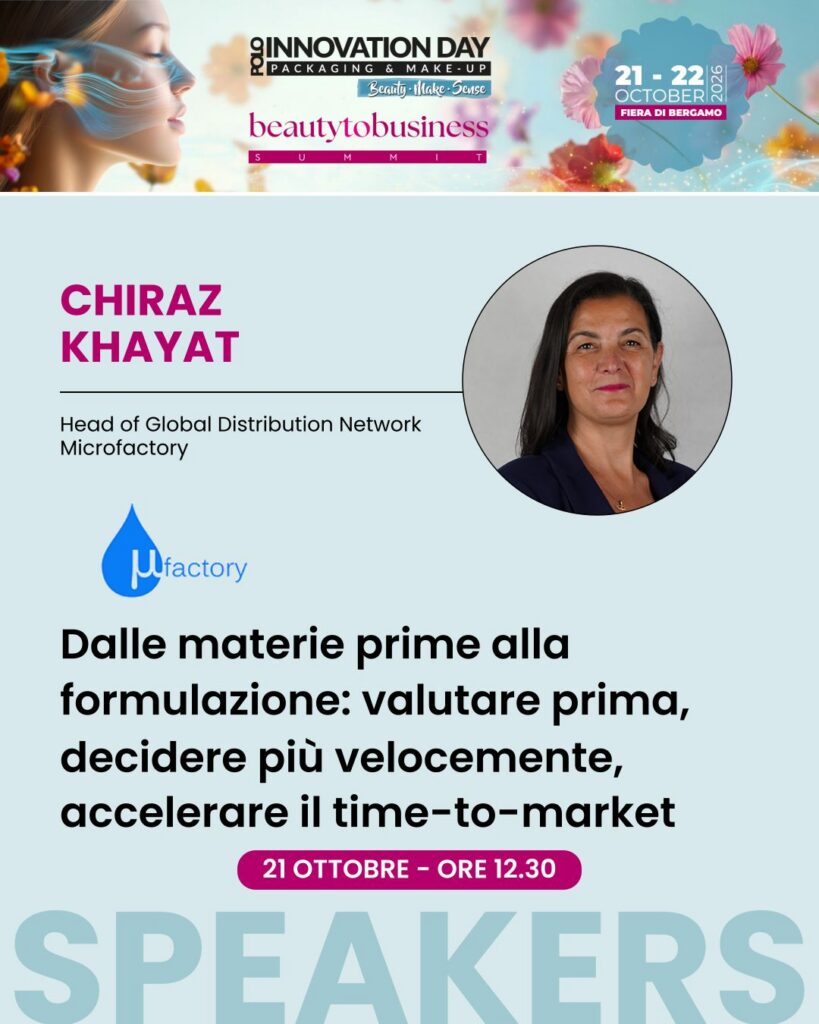 Chiraz Khayat, PhD, speaker at Polo Innovation Day 2026, Fiera di Bergamo, presenting on cosmetic product development and data-driven decision making for Microfactory.